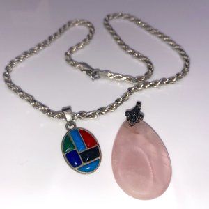 Vtg HAN 925 Italy Silver Chain Necklace 17.5" + 2 Colorful Pendants - 32 Grams